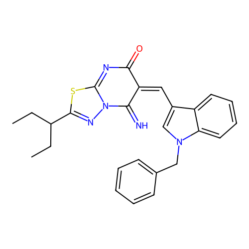 (6E)-6-[(1-benzyl-1H-indol-3-yl)methylidene]-5-imino-2-(pentan-3-yl)-5,6-dihydro-7H-[1,3,4]thiadiazolo[3,2-a]pyrimidin-7-one structure