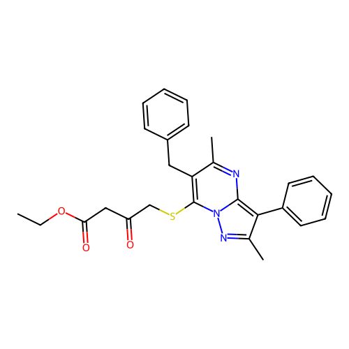 ethyl 4-((6-benzyl-2,5-dimethyl-3-phenylpyrazolo[1,5-a]pyrimidin-7-yl)thio)-3-oxobutanoate structure