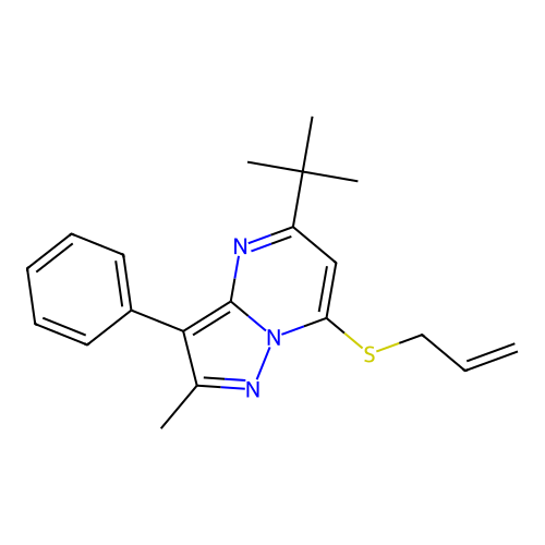 5-tert-butyl-2-methyl-3-phenyl-7-(prop-2-en-1-ylsulfanyl)pyrazolo[1,5-a]pyrimidine structure