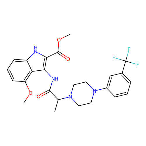 methyl 4-methoxy-3-(2-(4-(3-(trifluoromethyl)phenyl)piperazin-1-yl)propanamido)-1H-indole-2-carboxylate structure