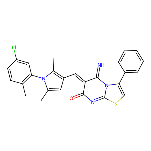 (6Z)-6-[[1-(5-chloro-2-methylphenyl)-2,5-dimethylpyrrol-3-yl]methylidene]-5-imino-3-phenyl-[1,3]thiazolo[3,2-a]pyrimidin-7-one structure