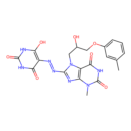 5-(2-(7-(2-hydroxy-3-(m-tolyloxy)propyl)-3-methyl-2,6-dioxo-2,3,6,7-tetrahydro-1H-purin-8-yl)hydrazono)pyrimidine-2,4,6(1H,3H,5H)-trione structure