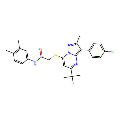 2-{[5-tert-butyl-3-(4-chlorophenyl)-2-methylpyrazolo[1,5-a]pyrimidin-7-yl]sulfanyl}-N-(3,4-dimethylphenyl)acetamide structure