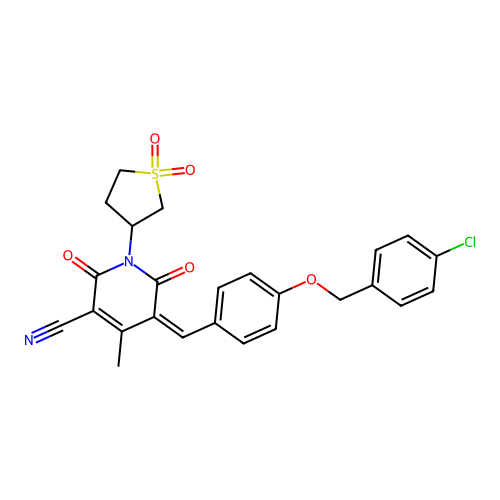 (5Z)-5-[[4-[(4-chlorophenyl)methoxy]phenyl]methylidene]-1-(1,1-dioxothiolan-3-yl)-4-methyl-2,6-dioxopyridine-3-carbonitrile structure