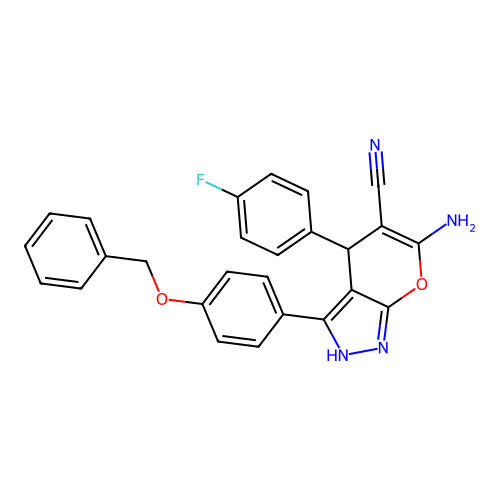 6-amino-3-(4-(benzyloxy)phenyl)-4-(4-fluorophenyl)-1,4-dihydropyrano[2,3-c]pyrazole-5-carbonitrile structure