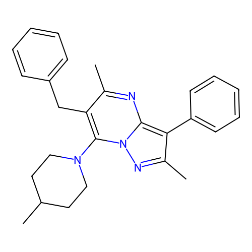 6-benzyl-2,5-dimethyl-7-(4-methylpiperidin-1-yl)-3-phenylpyrazolo[1,5-a]pyrimidine structure