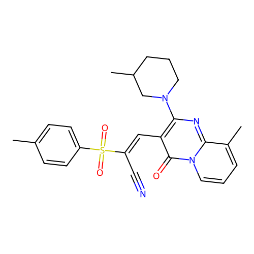 (2E)-3-[9-methyl-2-(3-methylpiperidin-1-yl)-4-oxo-4H-pyrido[1,2-a]pyrimidin-3-yl]-2-[(4-methylphenyl)sulfonyl]prop-2-enenitrile structure