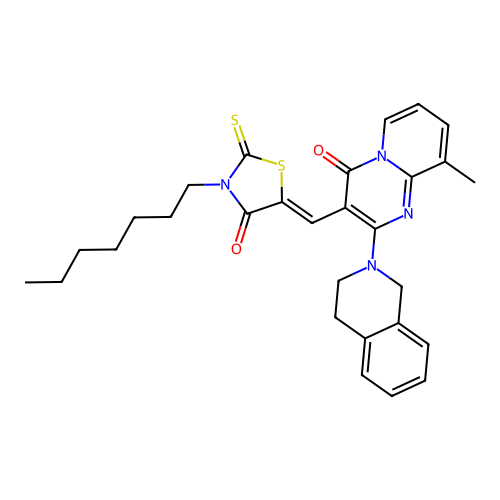 2-(3,4-dihydroisoquinolin-2(1H)-yl)-3-[(Z)-(3-heptyl-4-oxo-2-thioxo-1,3-thiazolidin-5-ylidene)methyl]-9-methyl-4H-pyrido[1,2-a]pyrimidin-4-one structure