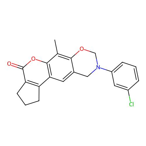9-(3-chlorophenyl)-6-methyl-2,3,9,10-tetrahydro-1H-cyclopenta[3,4]chromeno[6,7-e][1,3]oxazin-4(8H)-one structure