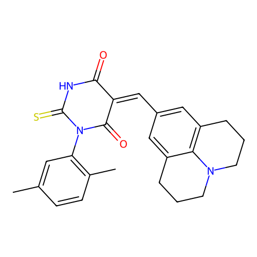 (Z)-1-(2,5-dimethylphenyl)-5-((1,2,3,5,6,7-hexahydropyrido[3,2,1-ij]quinolin-9-yl)methylene)-2-thioxodihydropyrimidine-4,6(1H,5H)-dione structure