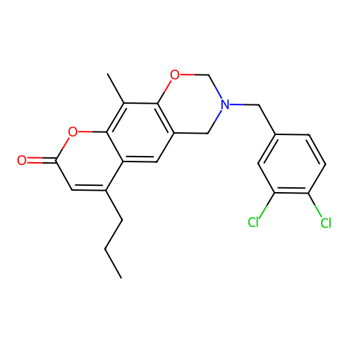 3-(3,4-dichlorobenzyl)-10-methyl-6-propyl-3,4-dihydro-2H,8H-chromeno[6,7-e][1,3]oxazin-8-one structure