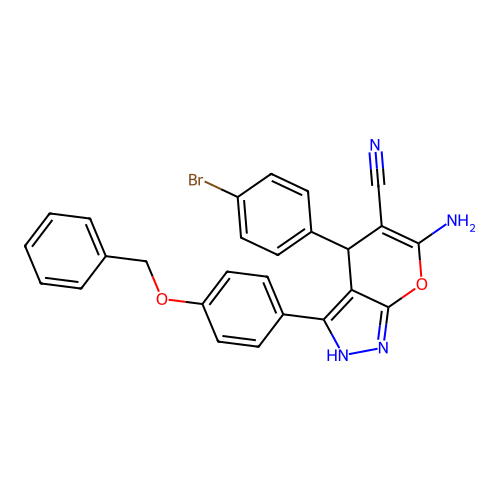6-amino-3-(4-(benzyloxy)phenyl)-4-(4-bromophenyl)-1,4-dihydropyrano[2,3-c]pyrazole-5-carbonitrile structure