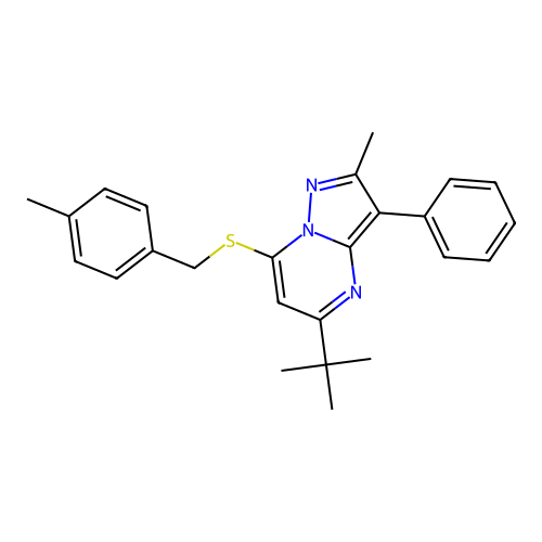 5-tert-butyl-2-methyl-7-[(4-methylbenzyl)sulfanyl]-3-phenylpyrazolo[1,5-a]pyrimidine structure