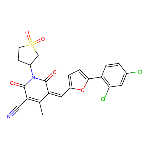 5-[[5-(2,4-dichlorophenyl)furan-2-yl]methylidene]-1-(1,1-dioxothiolan-3-yl)-4-methyl-2,6-dioxopyridine-3-carbonitrile structure