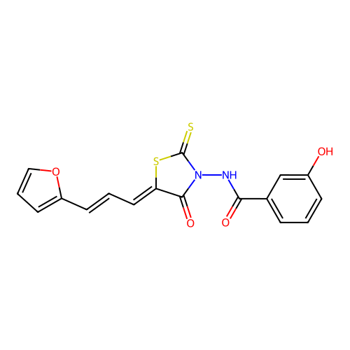 N-((Z)-5-((E)-3-(furan-2-yl)allylidene)-4-oxo-2-thioxothiazolidin-3-yl)-3-hydroxybenzamide structure