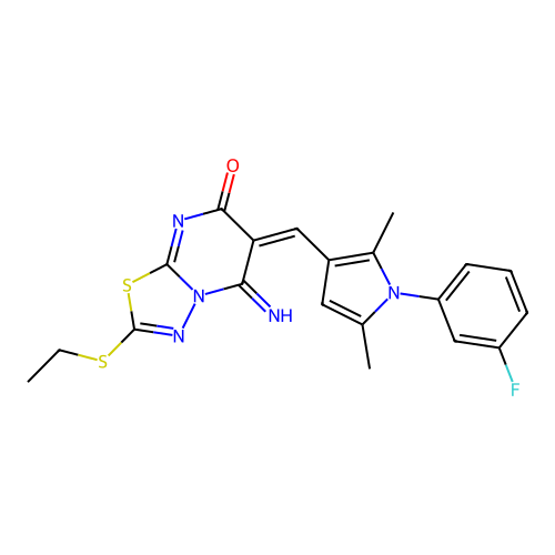 (6E)-2-(ethylsulfanyl)-6-{[1-(3-fluorophenyl)-2,5-dimethyl-1H-pyrrol-3-yl]methylidene}-5-imino-5,6-dihydro-7H-[1,3,4]thiadiazolo[3,2-a]pyrimidin-7-one structure