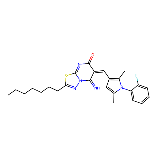 (6E)-6-[[1-(2-fluorophenyl)-2,5-dimethylpyrrol-3-yl]methylidene]-2-heptyl-5-imino-[1,3,4]thiadiazolo[3,2-a]pyrimidin-7-one structure