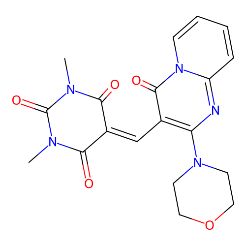 1,3-dimethyl-5-{[2-(morpholin-4-yl)-4-oxo-4H-pyrido[1,2-a]pyrimidin-3-yl]methylidene}pyrimidine-2,4,6(1H,3H,5H)-trione structure