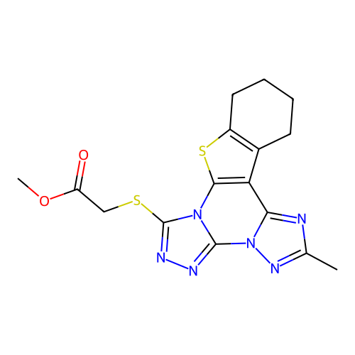 methyl [(2-methyl-10,11,12,13-tetrahydro[1]benzothieno[3,2-e]bis[1,2,4]triazolo[4,3-a:1',5'-c]pyrimidin-7-yl)sulfanyl]acetate structure