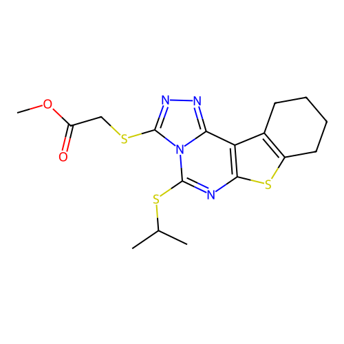 methyl {[5-(propan-2-ylsulfanyl)-8,9,10,11-tetrahydro[1]benzothieno[3,2-e][1,2,4]triazolo[4,3-c]pyrimidin-3-yl]sulfanyl}acetate structure