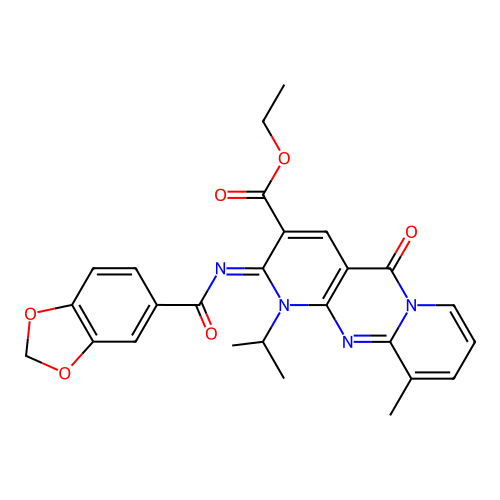 (Z)-ethyl 2-((benzo[d][1,3]dioxole-5-carbonyl)imino)-1-isopropyl-10-methyl-5-oxo-2,5-dihydro-1H-dipyrido[1,2-a:2',3'-d]pyrimidine-3-carboxylate structure
