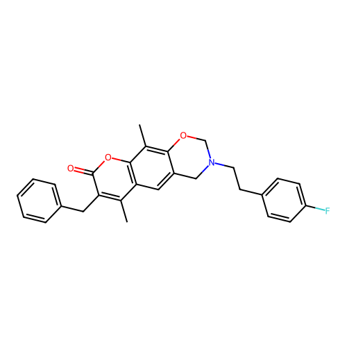 7-benzyl-3-(4-fluorophenethyl)-6,10-dimethyl-3,4-dihydrochromeno[6,7-e][1,3]oxazin-8(2H)-one structure