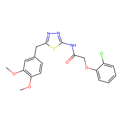 2-(2-chlorophenoxy)-N-[5-[(3,4-dimethoxyphenyl)methyl]-1,3,4-thiadiazol-2-yl]acetamide structure