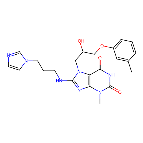 6-hydroxy-7-[2-hydroxy-3-(3-methylphenoxy)propyl]-8-{[3-(1H-imidazol-1-yl)propyl]amino}-3-methyl-3,7-dihydro-2H-purin-2-one structure