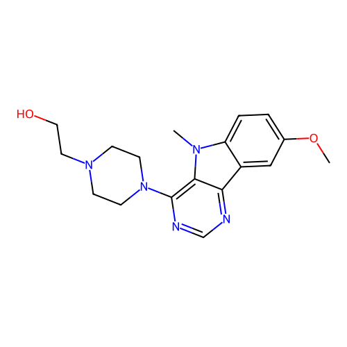 2-(4-(8-methoxy-5-methyl-5H-pyrimido[5,4-b]indol-4-yl)piperazin-1-yl)ethanol structure