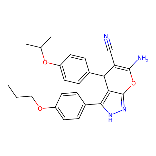 6-amino-4-(4-isopropoxyphenyl)-3-(4-propoxyphenyl)-1,4-dihydropyrano[2,3-c]pyrazole-5-carbonitrile structure