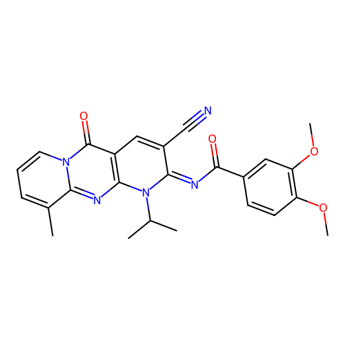 (E)-N-(3-cyano-1-isopropyl-10-methyl-5-oxo-1H-dipyrido[1,2-a:2',3'-d]pyrimidin-2(5H)-ylidene)-3,4-dimethoxybenzamide structure