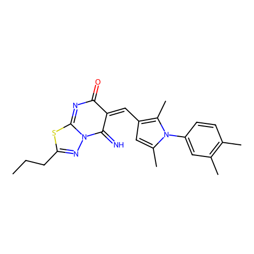 (6E)-6-[[1-(3,4-dimethylphenyl)-2,5-dimethylpyrrol-3-yl]methylidene]-5-imino-2-propyl-[1,3,4]thiadiazolo[3,2-a]pyrimidin-7-one structure