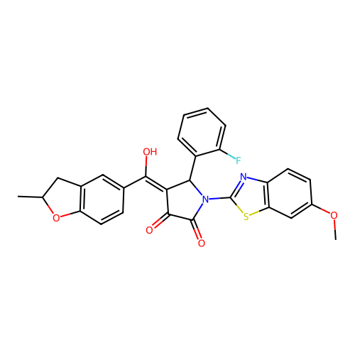 (4E)-5-(2-fluorophenyl)-4-[hydroxy(2-methyl-2,3-dihydro-1-benzofuran-5-yl)methylidene]-1-(6-methoxy-1,3-benzothiazol-2-yl)pyrrolidine-2,3-dione structure