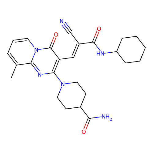 (E)-1-(3-(2-cyano-3-(cyclohexylamino)-3-oxoprop-1-en-1-yl)-9-methyl-4-oxo-4H-pyrido[1,2-a]pyrimidin-2-yl)piperidine-4-carboxamide structure