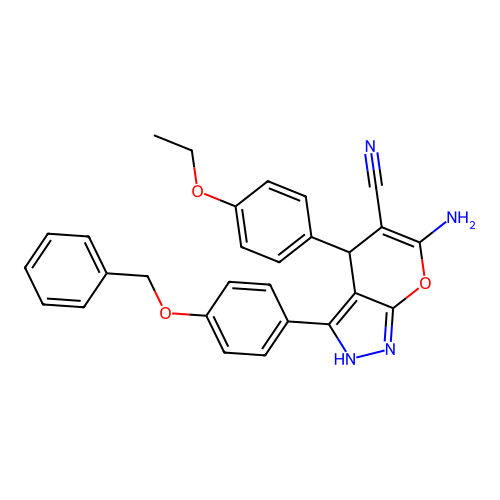 6-amino-3-(4-(benzyloxy)phenyl)-4-(4-ethoxyphenyl)-1,4-dihydropyrano[2,3-c]pyrazole-5-carbonitrile structure