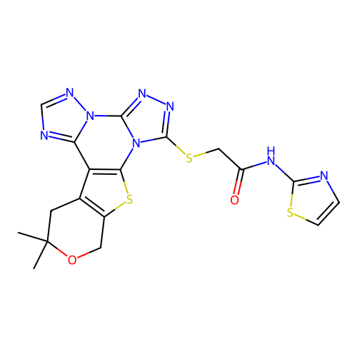 2-((12,12-dimethyl-12,13-dihydro-10H-pyrano[4',3':4,5]thieno[3,2-e]bis([1,2,4]triazolo)[4,3-a:1',5'-c]pyrimidin-7-yl)thio)-N-(thiazol-2-yl)acetamide structure