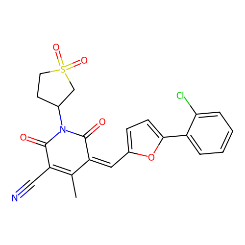 5-[[5-(2-chlorophenyl)furan-2-yl]methylidene]-1-(1,1-dioxothiolan-3-yl)-4-methyl-2,6-dioxopyridine-3-carbonitrile structure