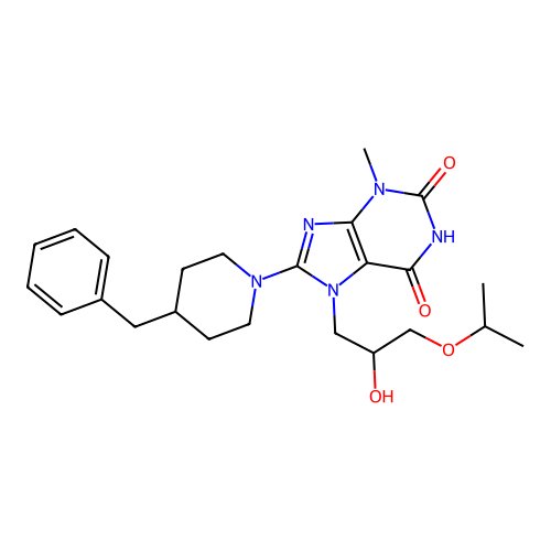 8-(4-benzylpiperidin-1-yl)-6-hydroxy-7-[2-hydroxy-3-(propan-2-yloxy)propyl]-3-methyl-3,7-dihydro-2H-purin-2-one structure
