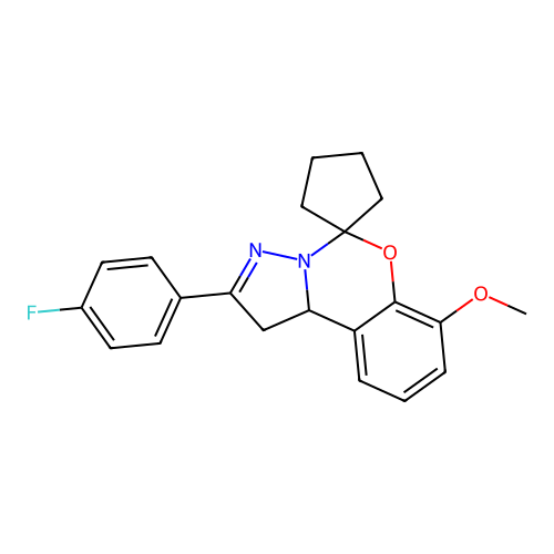 9-(4-fluorophenyl)-4-methoxyspiro[10aH-benzo[e]2-pyrazolino[1,5-c]1,3-oxazine-6,1'-cyclopentane] structure