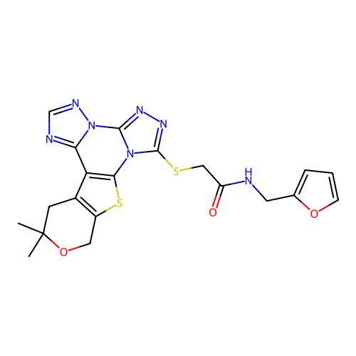 2-((12,12-dimethyl-12,13-dihydro-10H-pyrano[4',3':4,5]thieno[3,2-e]bis([1,2,4]triazolo)[4,3-a:1',5'-c]pyrimidin-7-yl)thio)-N-(furan-2-ylmethyl)acetamide structure