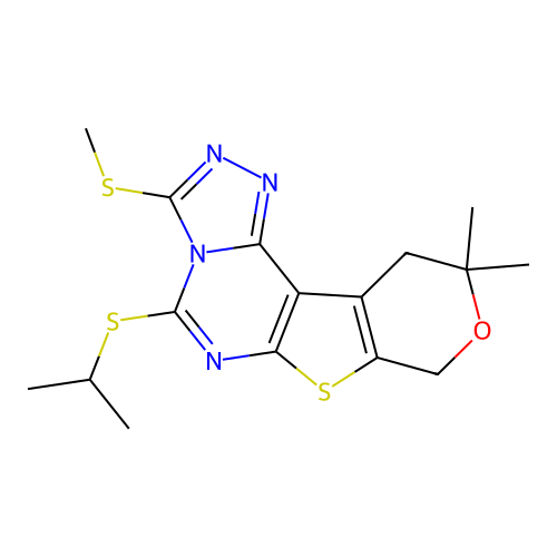 10,10-dimethyl-3-(methylsulfanyl)-5-(propan-2-ylsulfanyl)-10,11-dihydro-8H-pyrano[4',3':4,5]thieno[3,2-e][1,2,4]triazolo[4,3-c]pyrimidine structure