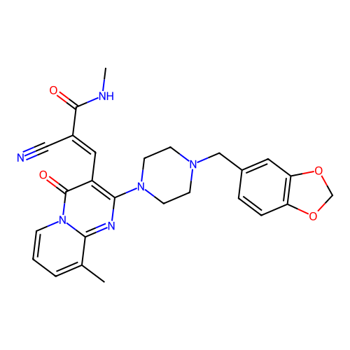 (2E)-3-{2-[4-(1,3-benzodioxol-5-ylmethyl)piperazin-1-yl]-9-methyl-4-oxo-4H-pyrido[1,2-a]pyrimidin-3-yl}-2-cyano-N-methylprop-2-enamide structure