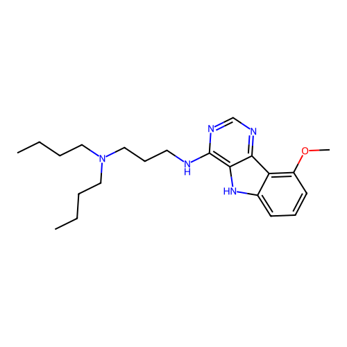 N,N-dibutyl-N'-(9-methoxy-5H-pyrimido[5,4-b]indol-4-yl)propane-1,3-diamine structure