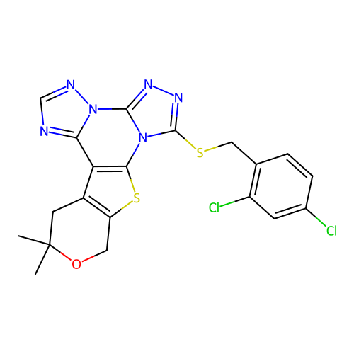 7-((2,4-dichlorobenzyl)thio)-12,12-dimethyl-12,13-dihydro-10H-pyrano[4',3':4,5]thieno[3,2-e]bis([1,2,4]triazolo)[4,3-a:1',5'-c]pyrimidine structure