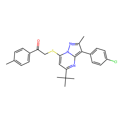 2-{[5-tert-butyl-3-(4-chlorophenyl)-2-methylpyrazolo[1,5-a]pyrimidin-7-yl]sulfanyl}-1-(4-methylphenyl)ethanone structure