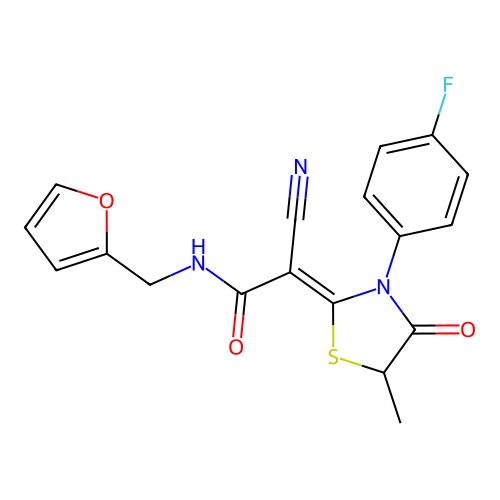 (2Z)-2-cyano-2-[3-(4-fluorophenyl)-5-methyl-4-oxo-1,3-thiazolidin-2-ylidene]-N-(furan-2-ylmethyl)acetamide structure