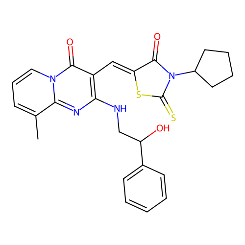 3-[(Z)-(3-cyclopentyl-4-oxo-2-thioxo-1,3-thiazolidin-5-ylidene)methyl]-2-[(2-hydroxy-2-phenylethyl)amino]-9-methyl-4H-pyrido[1,2-a]pyrimidin-4-one structure