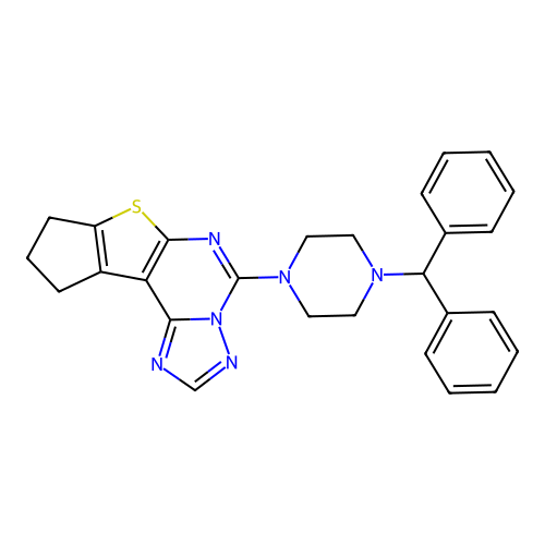 5-(4-benzhydrylpiperazin-1-yl)-9,10-dihydro-8H-cyclopenta[4,5]thieno[3,2-e][1,2,4]triazolo[1,5-c]pyrimidine structure