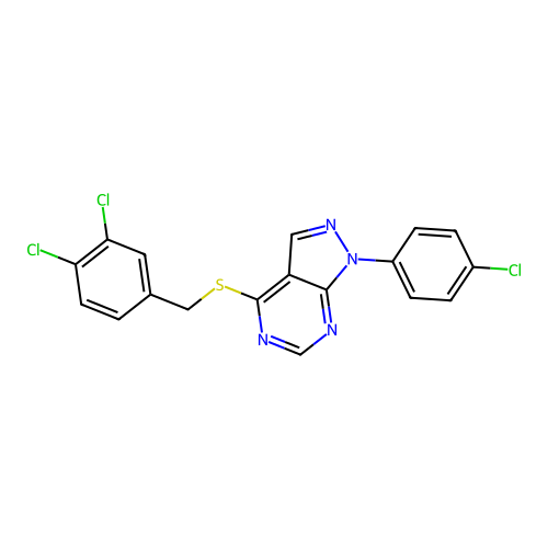 1-(4-chlorophenyl)-4-[(3,4-dichlorobenzyl)sulfanyl]-1H-pyrazolo[3,4-d]pyrimidine structure