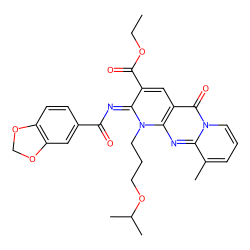 (Z)-ethyl 2-((benzo[d][1,3]dioxole-5-carbonyl)imino)-1-(3-isopropoxypropyl)-10-methyl-5-oxo-2,5-dihydro-1H-dipyrido[1,2-a:2',3'-d]pyrimidine-3-carboxylate structure